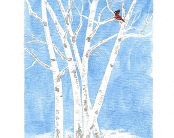 May include: Watercolor painting of birch trees in a snowy landscape with a red cardinal perched on a branch. The background is a light blue sky. The artist's signature, "MARKELL", is in the lower right corner.
