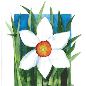 May include: A watercolor painting of a white daffodil with an orange center, surrounded by green grass and a blue background.