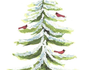 May include: A watercolor painting of a snow-covered evergreen tree with three red cardinals perched on the branches. The tree is painted in shades of green and white, with a brown base. The cardinals are painted in shades of red, with black eyes and beaks. The painting is signed "BARBARA" in the lower right corner.