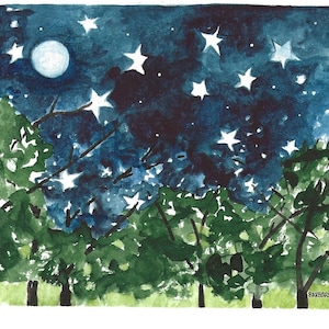 Handmade Watercolor Note Cards: Starry Night Sky, Blank Inside   No. 1919 ‘One Night in the Silence’