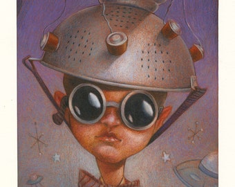 Vintage Look Poster Print, Space Boy, Retro, Imagination, Childhood, Play