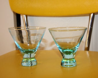 MCM Libby Island Blue Stemless Martini Cocktail Glasses, set of 2