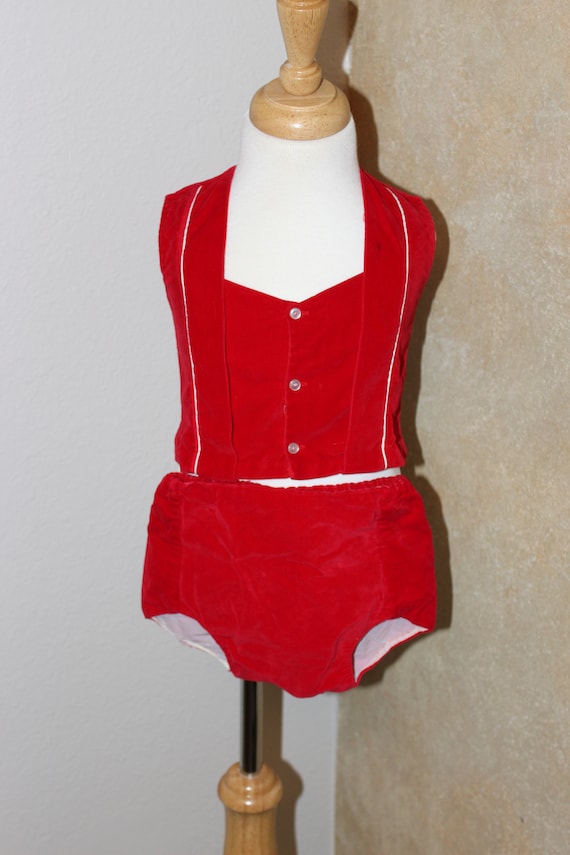 Vintage Baby Boy Red Velour Diaper Vest SET  6-9 m