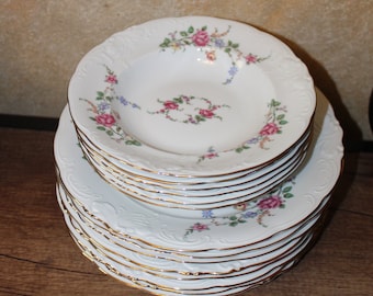 8 Set of Eight Wloclawek Floral Porcelain Rim Soup Bowls  Poland  Roses