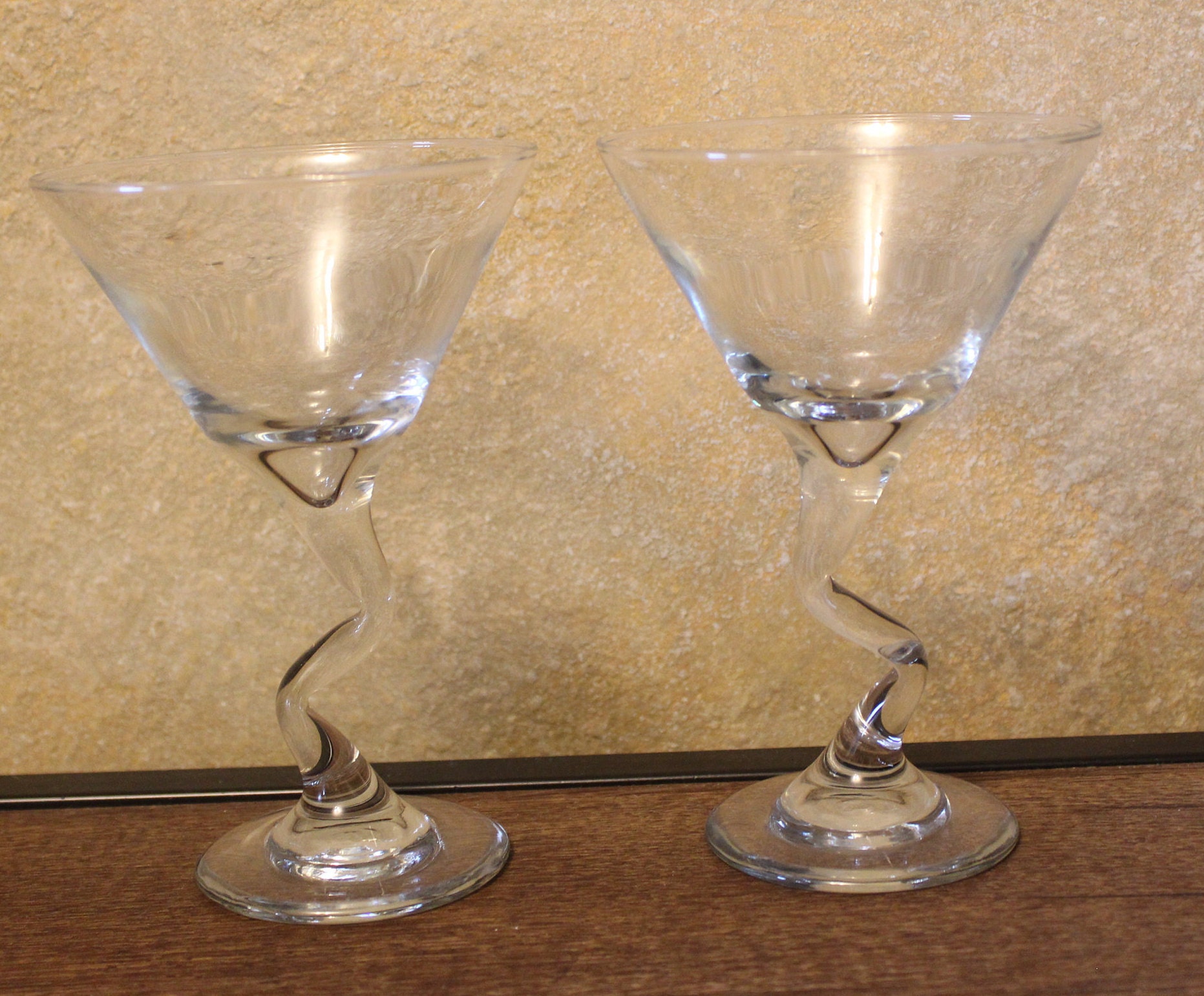 Z Stem Martini Glasses Mini Hand Blown Bent Zig Zag Stem - Set of