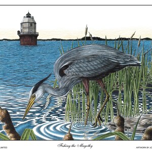 Blue Heron / Fishing The Magothy River Near Lighthouse / Fine Art Print / Hand-Drawn / Pencil / Chesapeake /