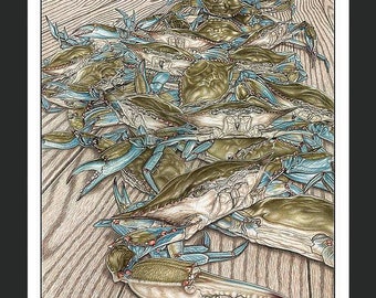 Catch of the Day / Crabs / Wall Decor / Fine Art Print / Hand-Drawn Matted Print / Coastal