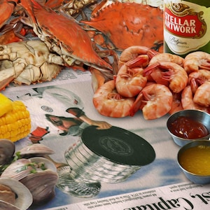 May include: A seafood feast featuring cooked crabs, shrimp, clams, and corn on the cob. The arrangement includes small metal bowls of dipping sauces and a bottle of beer. A newspaper with the headline "Capitals hoist the Cup" serves as the base.