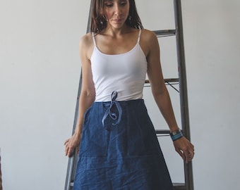 Organic Denim  wrap skirt with  pockets. Wrap skirt great for travel, work, cruises! Minimalist fashion, capsule wardrobe