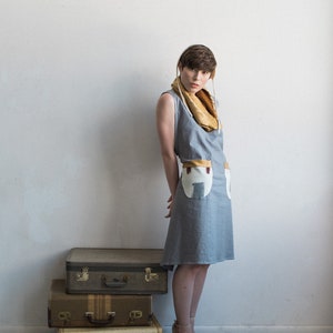 Organic Cotton Linen handdyed  apron Dress in Grey with handpainted pockets. Cruisewear, Beachwear, linen summer dress, minimalist fashion