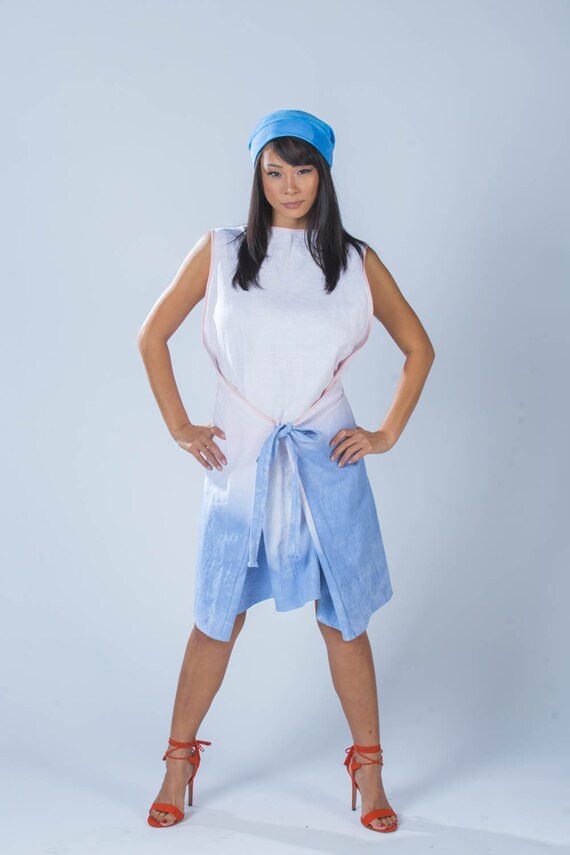 cotton linen apron dress Organic in Blue and Pink Ombre Handdyed & Handmade. Cruiswear, Beachwear, Mod Dress, Organic Summer Dress 55% linen/45% cotton blend Closure:Premium (button) Japanese apron Campaign Collection Paper Heart | Dresses