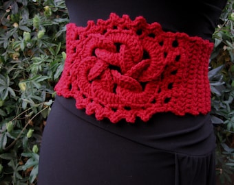 Crochet burgundy celtic knot corset belt, unique bohemian accessory