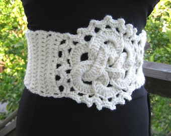 Crochet cream white belt, celtic knot corset bohemian accessory, crochet lace up belt