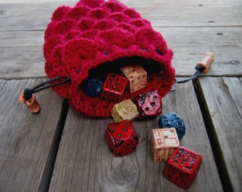 Red Dragon Scale Dice Bag, Crochet Drawstring Pouch, Geek Gaming