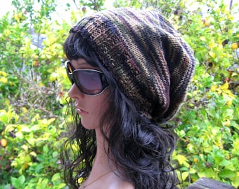 Hand knit camo slouchy beanie, loose fit rasta tam, camouflage colored hippie hat