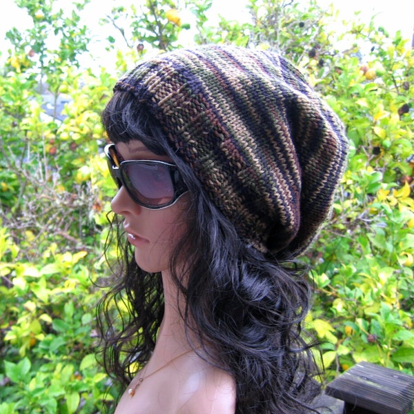 Hand knit camo slouchy beanie, loose fit rasta tam, camouflage colored hippie hat