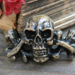 Może przedstawiać: Srebrna szpilka z detalicznym wzorem czaszki i skrzyżowanych kości. Czaszka ma postarzony, zużyty wygląd, a skrzyżowane kości są lekko wypukłe.