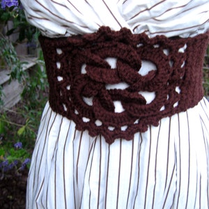 Crochet chocolate brown celtic knot corset belt, bohemian accessory