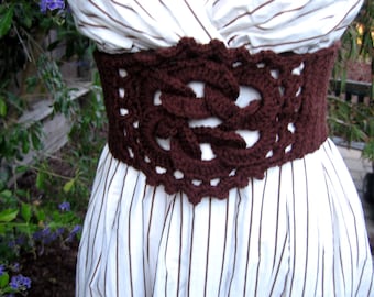 Crochet chocolate brown celtic knot corset belt, bohemian accessory