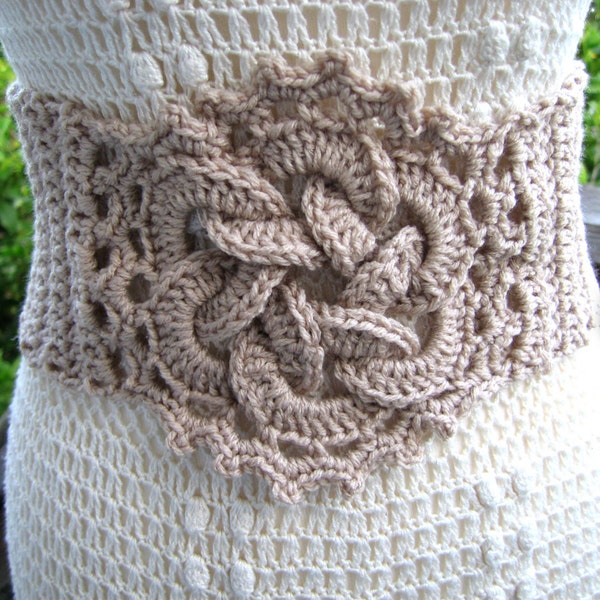 Crochet sand color belt, celtic knot  bohemian accessory, crochet lace up corset  belt