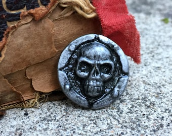 Hand made skull lapel pin, silver tone pirate pin, spooky goth accessory