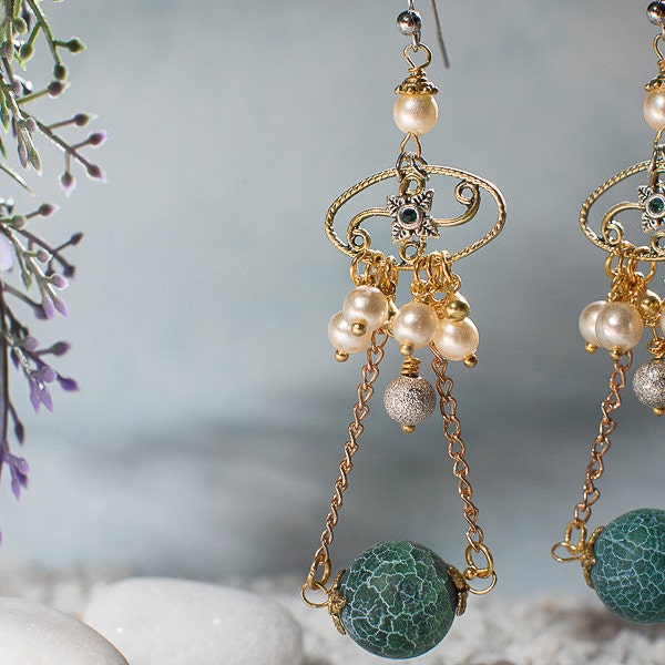 Seagreen Agate Art Nouveau Earrings Long Pearl Mixed Metal Dangle