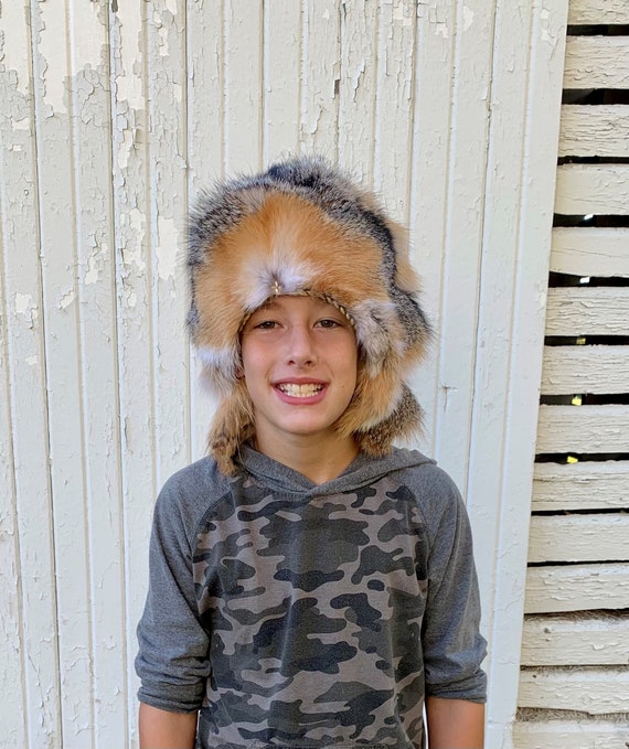 Camouflage Trapper Hat with Natural Brown Rabbit Fur for Men