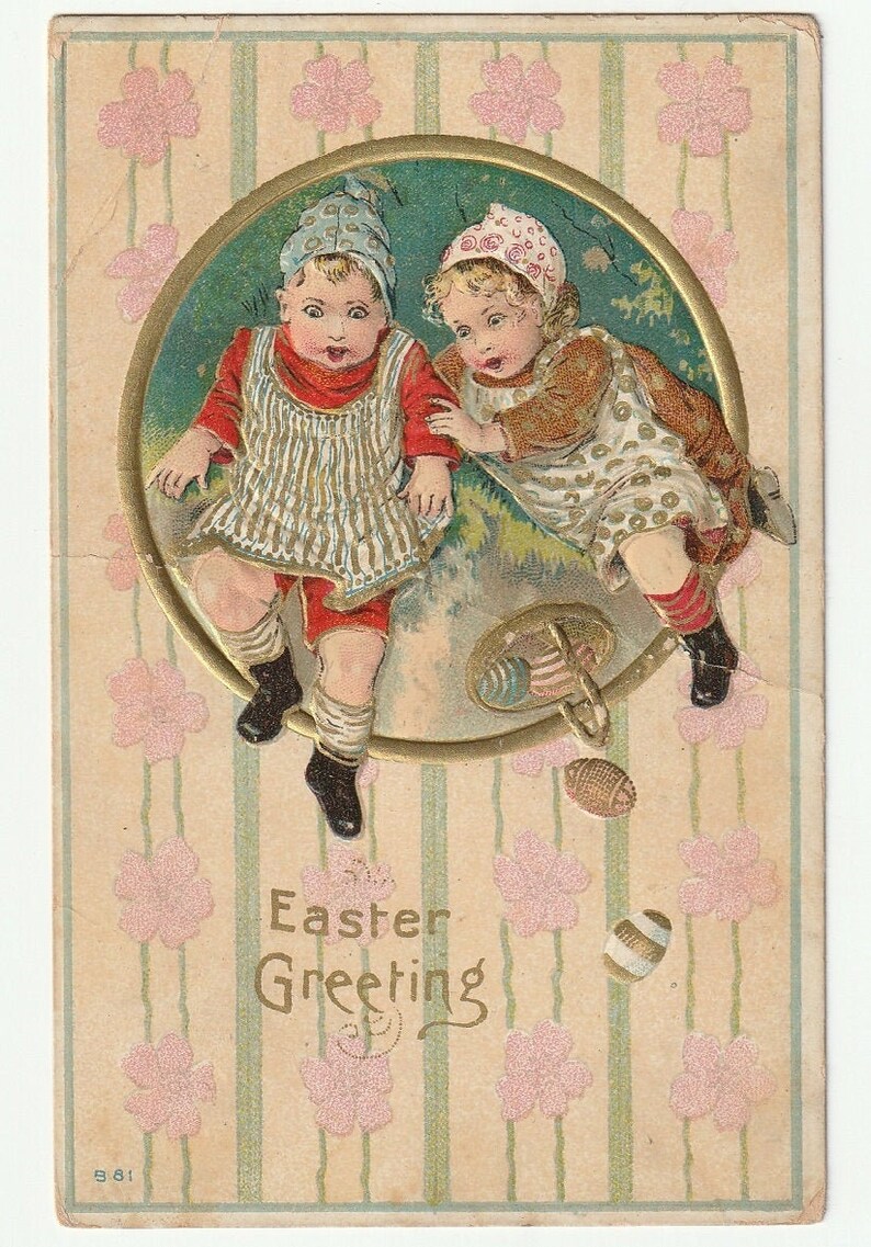 Vintage Postcard Children Easter Eggs Embossed Unused