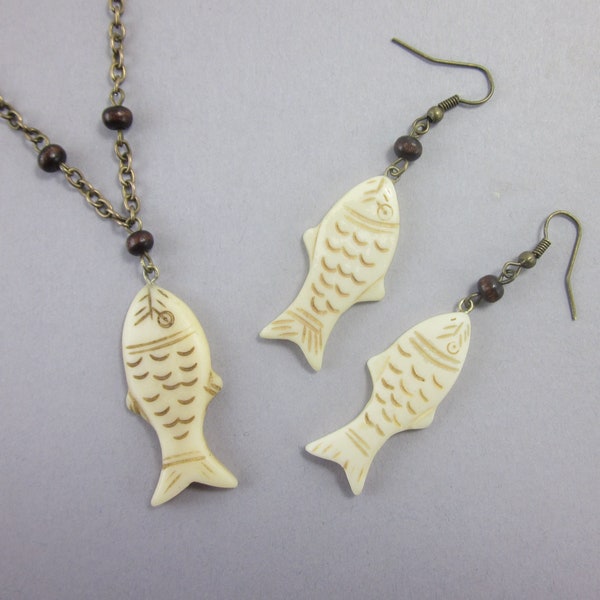 Carved Bone Fish Earrings & Necklace