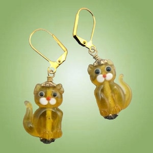 Sitting Lampwork Glass Cat Earrings - Topaz