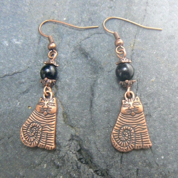 Striped Cat Copper Earrings w/ Jade Bead