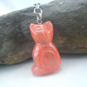 Large Sitting Cat Carved Necklace Pendant - Cherry Quartz