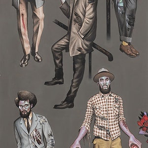 May include: Five illustrated figures of people with zombie-like features, each holding a different object. The figures are standing on a gray background. One figure is holding a donut, another is holding a brain, another is holding a bouquet of red roses, another is holding a brain, and the last figure is holding a briefcase.