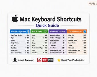Hoja de referencia rápida de atajos de teclado para Mac / Guía de referencia rápida de macOS / Tabla de atajos imprimible / Descarga instantánea