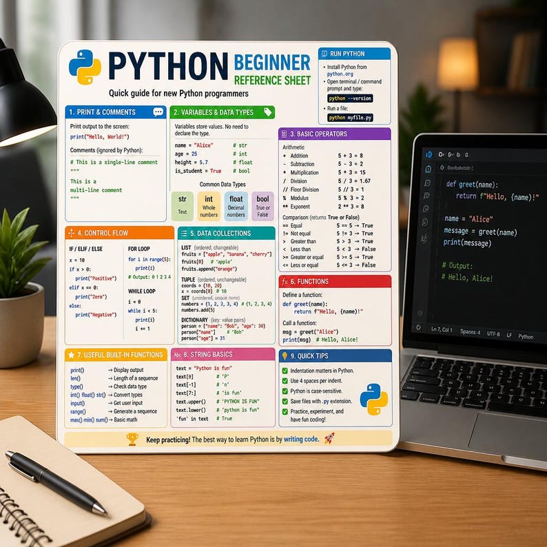 Python Quick Guide for Beginners | Coding Basics Cheat Sheet | Python Reference PDF 画像 2
