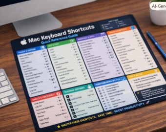 Mac Keyboard Shortcuts Cheat Sheet | MacOS Quick Reference Guide | Printable Shortcuts Chart | Instant Download
