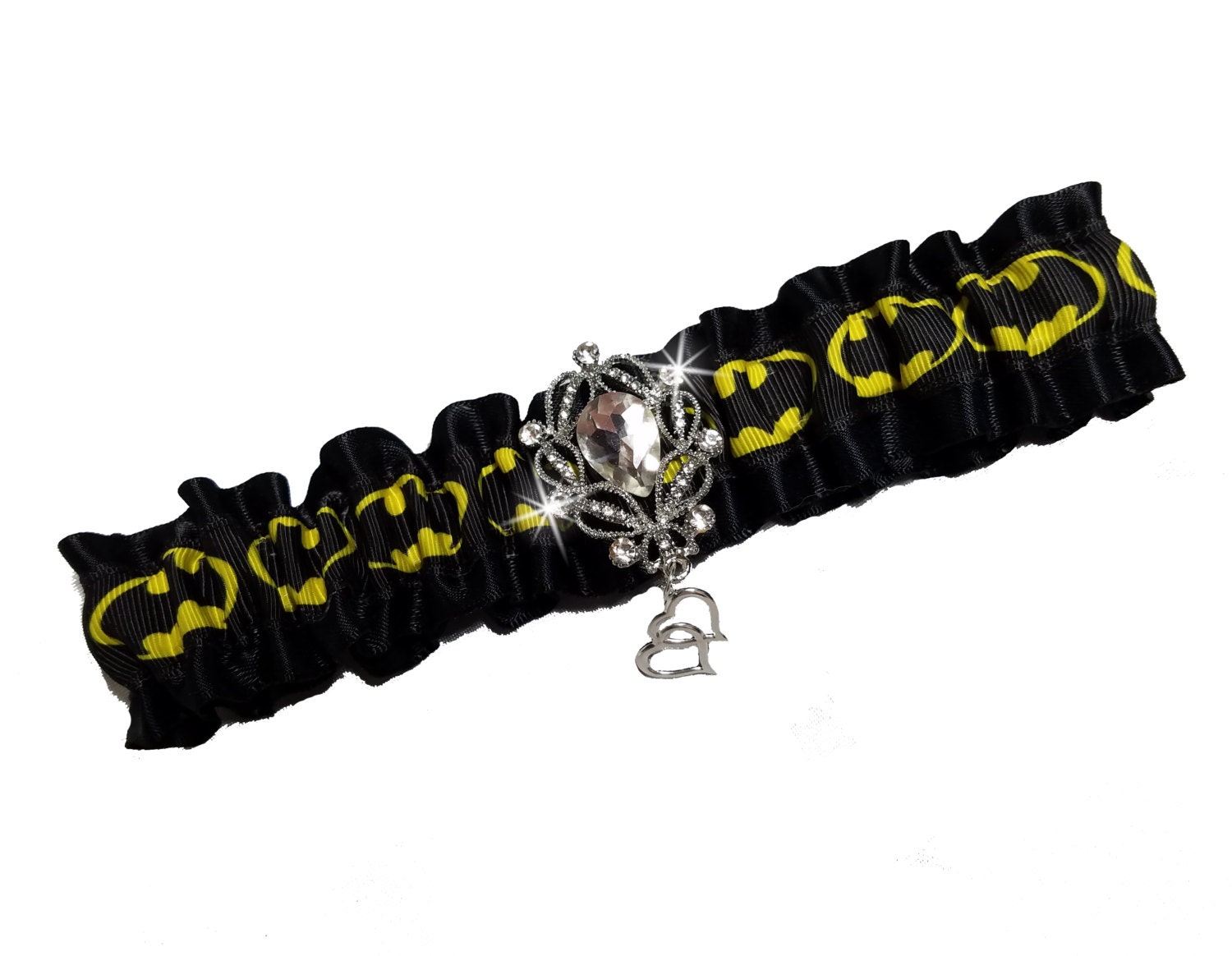 Batman Garter Belt: Black Satin, Rhinestone Pendant, Wedding Lingerie