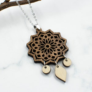 Mandala Necklace, Two-Tone Wood and Sterling Silver, Handmade, Matching Earrings Available, Gift for Mom, Grandma, Aunt, Sister, Friend
