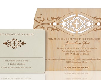 May include: A wooden invitation with a cut-out design featuring a cross and floral accents. The invitation is for Jonathan Yest's First Communion on Saturday, April 21, 2016, at 10:00 am at Our Lady of Lourdes Catholic Church, 5525 SW 84th Street, Miami. A reception will follow at Devon Steak & Seafood, 11715 Sherry Lane, Miami. The invitation is from Lathan and Justine Yest. Kindly respond by March 30.