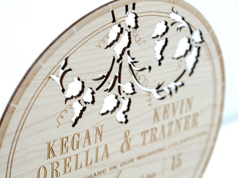 Wood Wedding Invitation of Wine Barrel Top: Sample of Rustic, Laser Cut Wood Invitation Featuring Grape Vines Made from Thick Wood Planks image 4