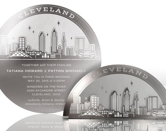 3D Metal Cleveland Skyline Wedding Invitation: Silver, Gold, or Rose Gold Metal Invitation Doubles as a Sculpture that Guests Keep