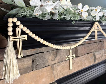 Cross Mantel Decoration for Easter or Christmas with Religious Charms, Wood Bead Garland with Jute Tassels, Rustic Farmhouse Decor