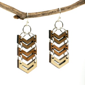 Chevron Earrings, Three-Tone Wood and Sterling Silver, Handmade, Matching Necklace Available, Gift for Mom, Grandma, Aunt, Sister, Friend