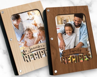 Personalized Recipe Book, Banner Design, Laser Cut Wood with Photo Sleeve, Refillable A6 Binder, and Cork Binding, Customize with any Name