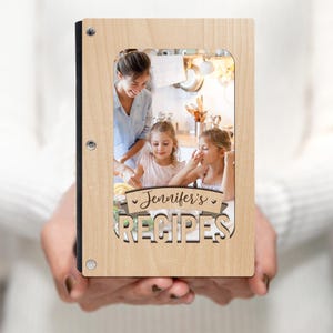 Presente de casamento, livro de receitas personalizado, design de banner, capa de madeira com capa para foto, cartões de receita em branco, personalize com nome, capa de bordo