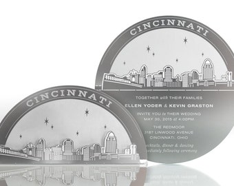 3D Metal Cincinnati Skyline Wedding Invitation: Silver, Gold, or Rose Gold Metal Invitation Doubles as a Sculpture that Guests Keep