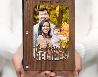 Personalized Thanksgiving Recipe Book, Wood with Photo Sleeve on Cover, Refillable Blank Recipe Cards, Customize with any Name, Walnut Cover