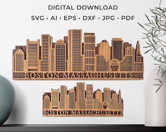 May include: Laser-cut wooden skyline of Boston, Massachusetts. The design features detailed building silhouettes and the city name. The image includes the text "LASER CUT FILE DIGITAL DOWNLOAD" and file type options.