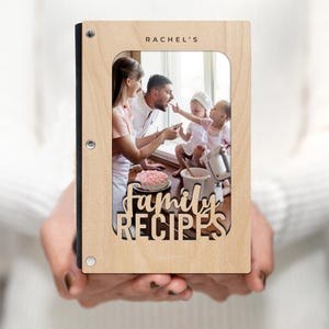 Livro de receitas de família personalizado, capa de madeira com capa de foto, cartões de receitas em branco, encadernação de cortiça, personalize com qualquer nome, capa de bordo