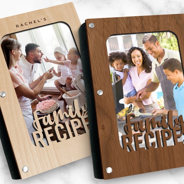 Personalisiertes Familienrezeptbuch, Holzrezeptbuch mit Fotohülle, Korkbindung und nachfüllbarem A6-Binder, passen Sie mit einem beliebigen Namen an